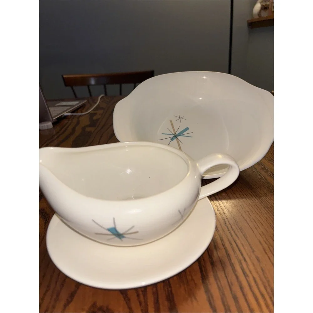 Vintage Salem North Star Atomic Starburst Gravy Boat, Underplate & Serving Bowl